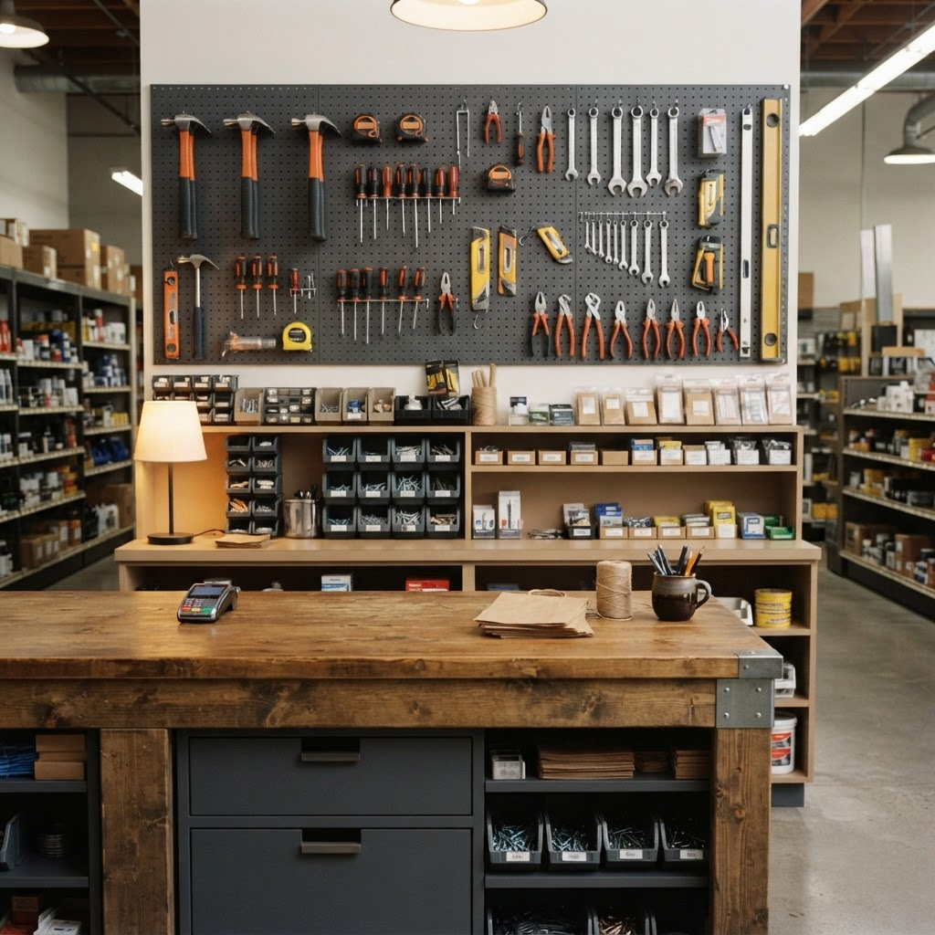 Hardware store service counter with tools arranged on a pegboard wall